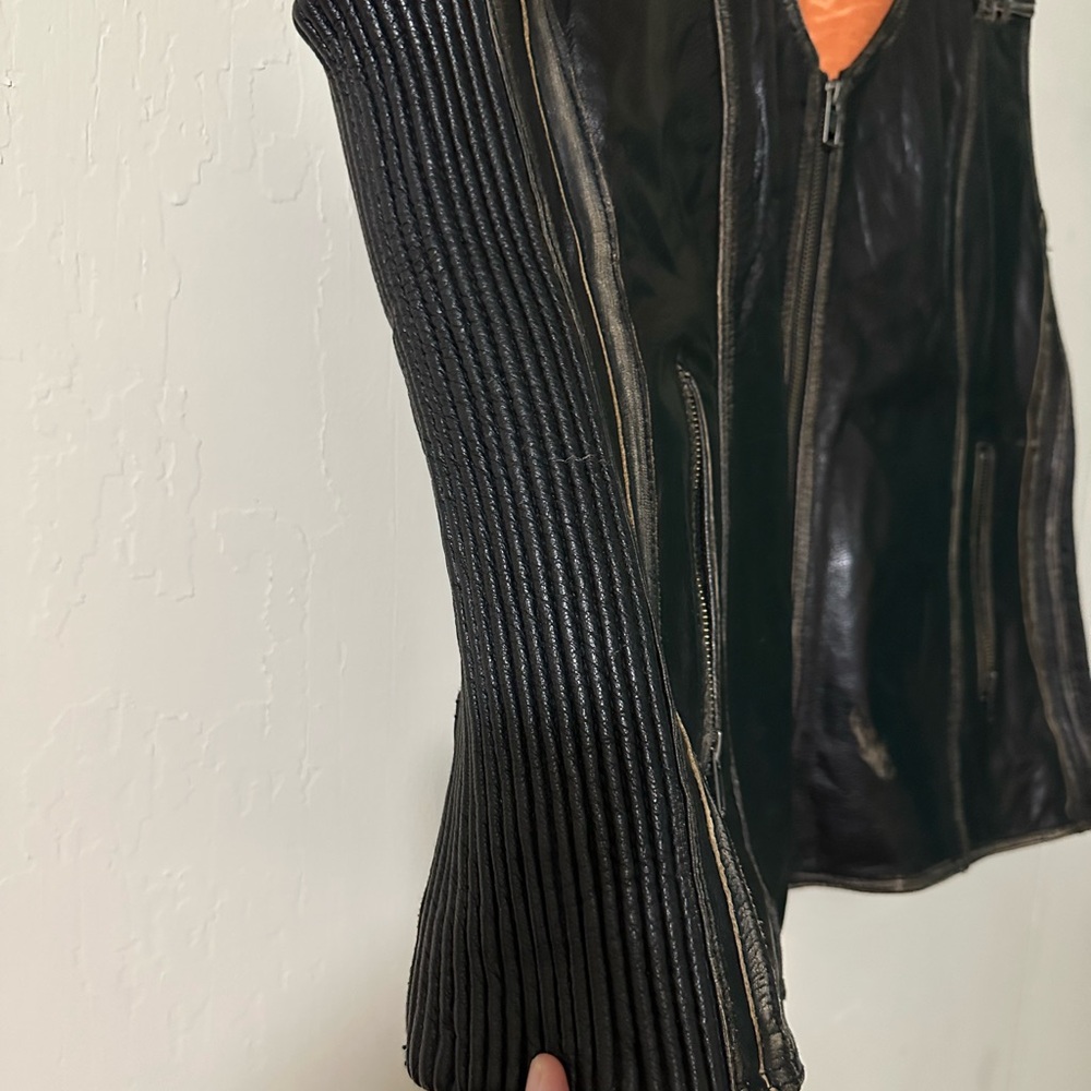 Black Leather Jacket with Ribbed Sleeves